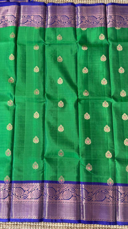 Green Pure Kanchipuram Silk Saree with Royal Blue Contrast | Silk Mark Certified