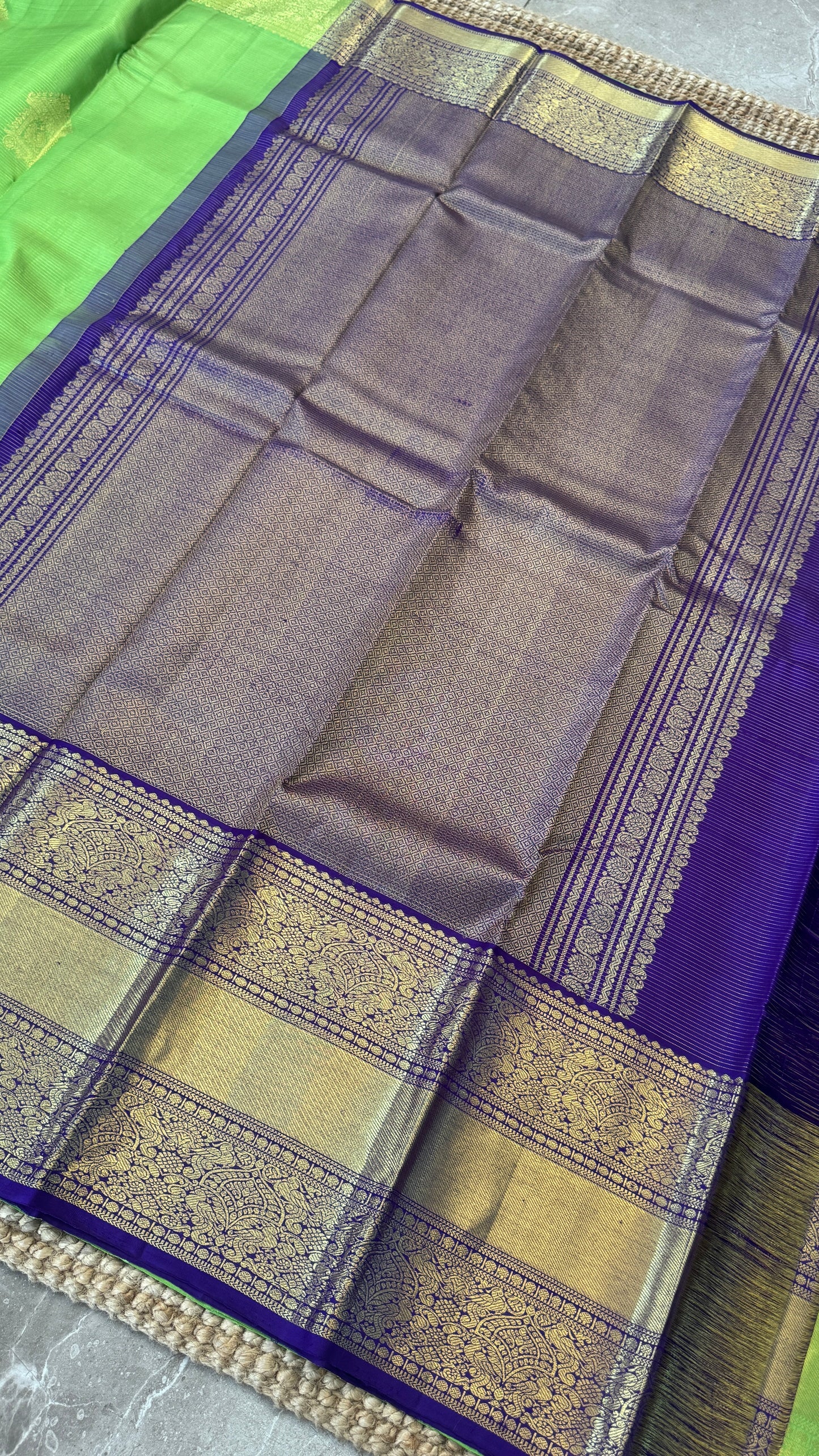 Parrot Green & Purple Pure Kanchipuram Silk Saree | Silk Mark Certified