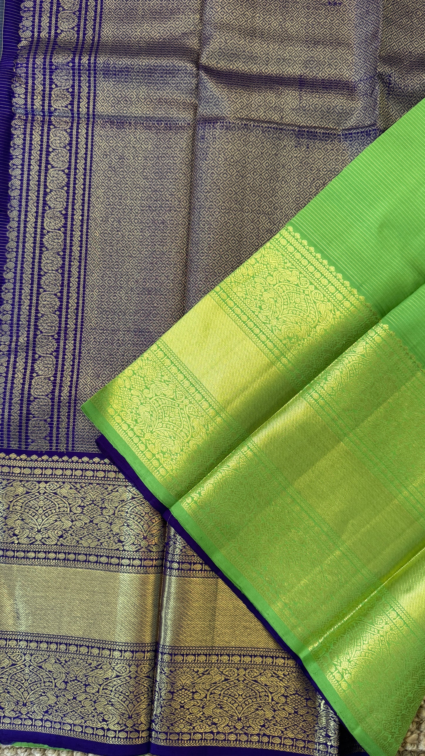Parrot Green & Purple Pure Kanchipuram Silk Saree | Silk Mark Certified