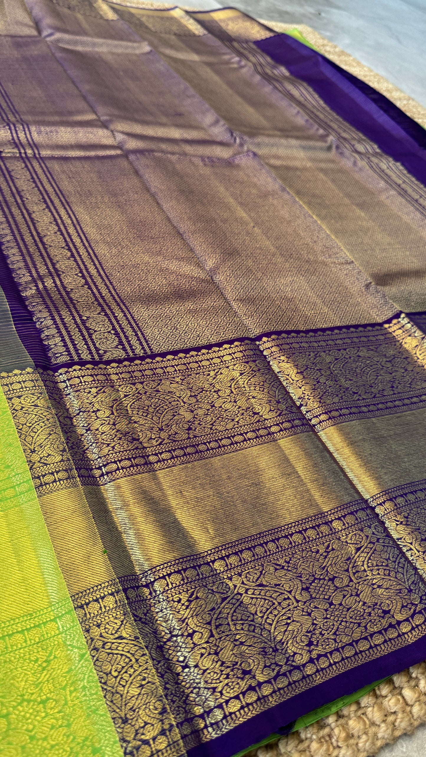Parrot Green & Purple Pure Kanchipuram Silk Saree | Silk Mark Certified