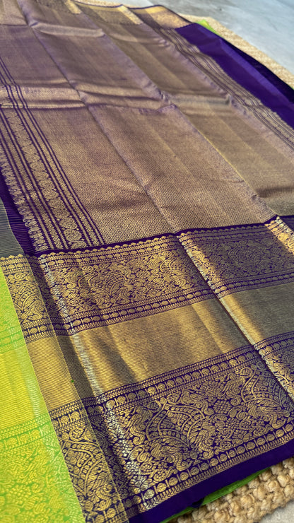 Parrot Green & Purple Pure Kanchipuram Silk Saree | Silk Mark Certified