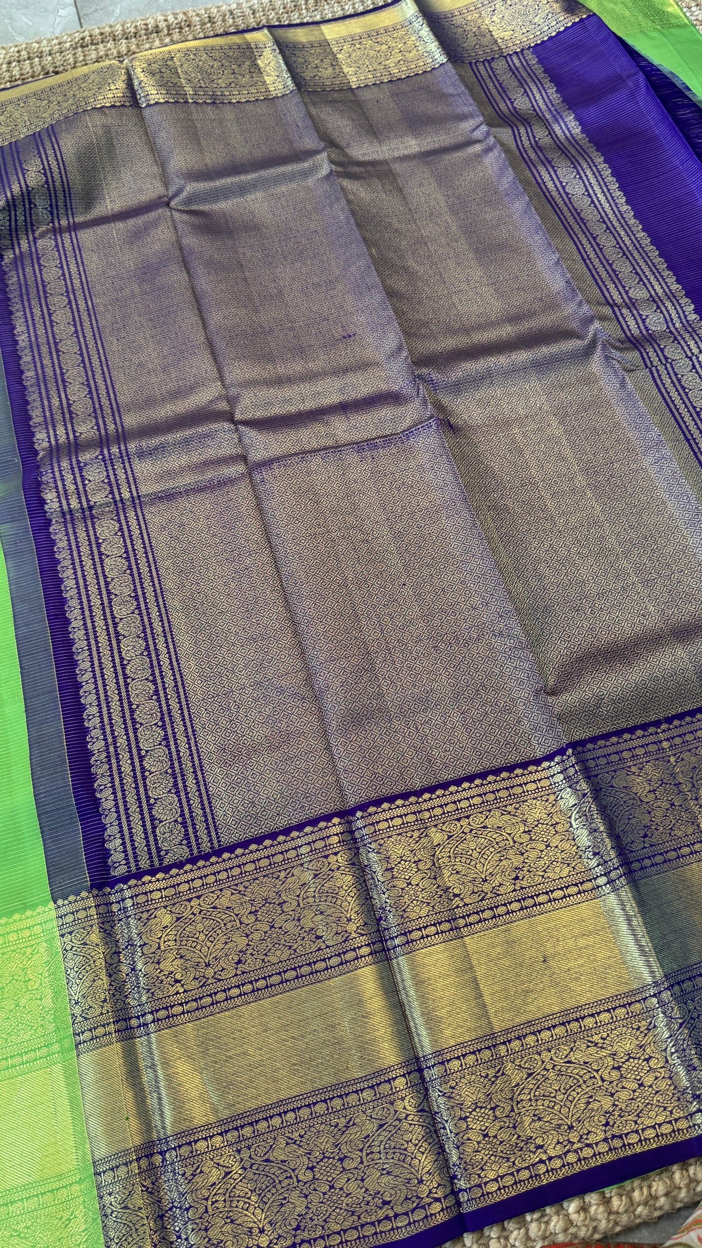 Parrot Green & Purple Pure Kanchipuram Silk Saree | Silk Mark Certified