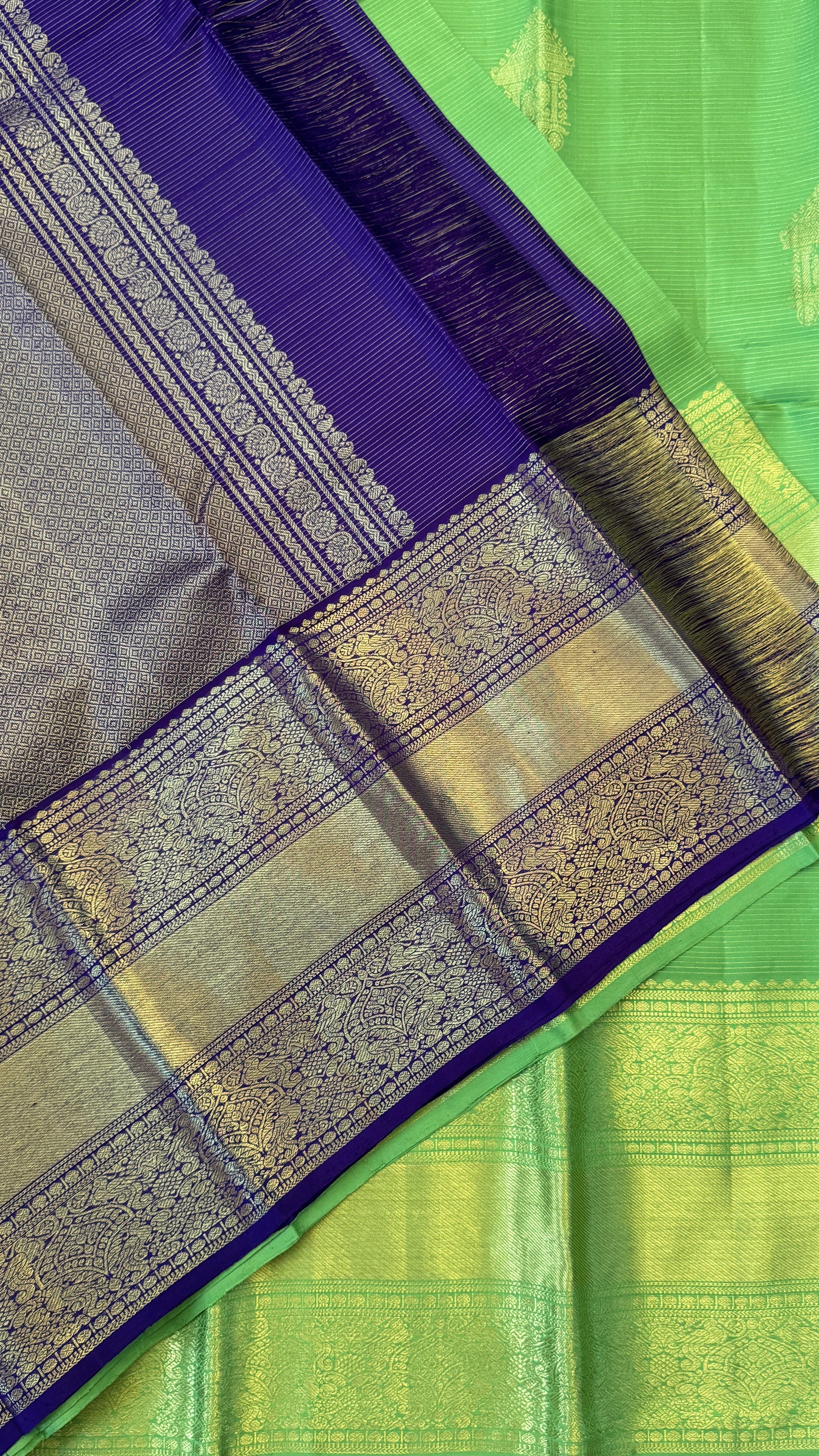 Parrot Green & Purple Pure Kanchipuram Silk Saree | Silk Mark Certified