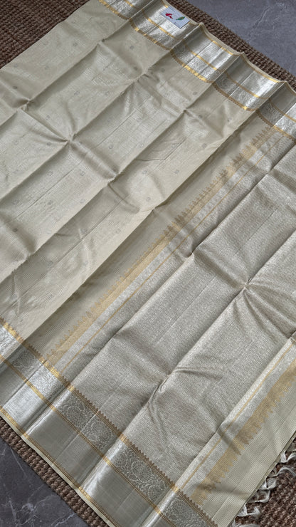 Ivory Pure Kanchipuram Checkered Silk Saree | Silk Mark Certified