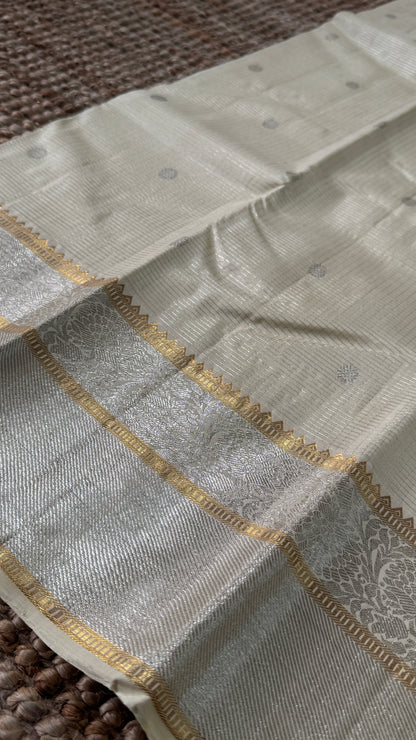Ivory Pure Kanchipuram Checkered Silk Saree | Silk Mark Certified