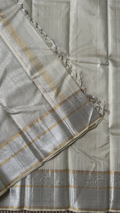 Ivory Pure Kanchipuram Checkered Silk Saree | Silk Mark Certified