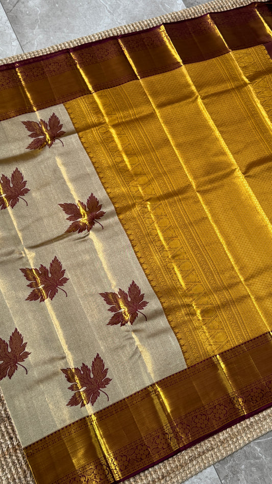 Pure Tissue Kanjivaram Silk Saree – Light Gold with Maroon