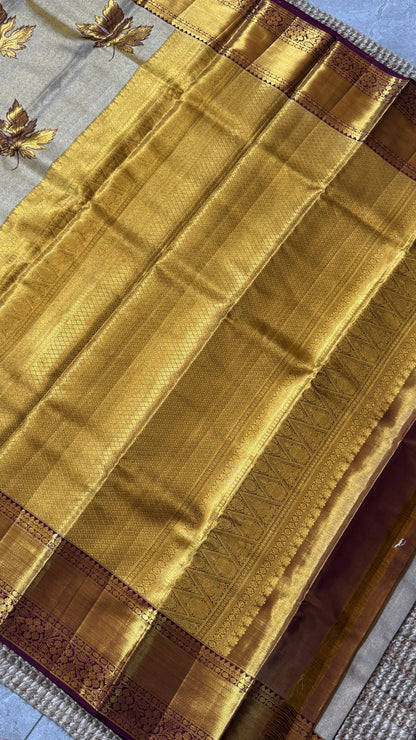 Light Gold Pure Tissue Kanchipuram Silk Saree with Maroon Contrast | Silk Mark Certified