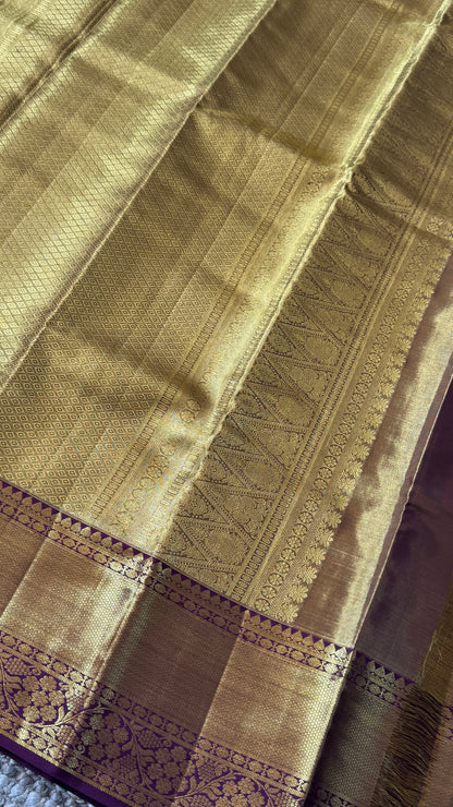 Light Gold Pure Tissue Kanchipuram Silk Saree with Maroon Contrast | Silk Mark Certified