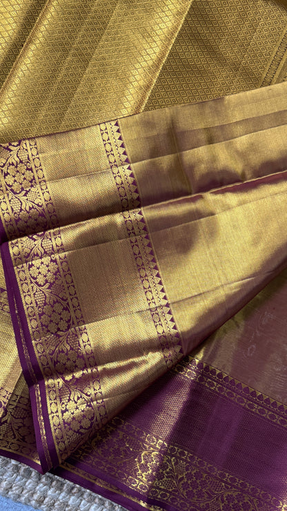 Light Gold Pure Tissue Kanchipuram Silk Saree with Maroon Contrast | Silk Mark Certified