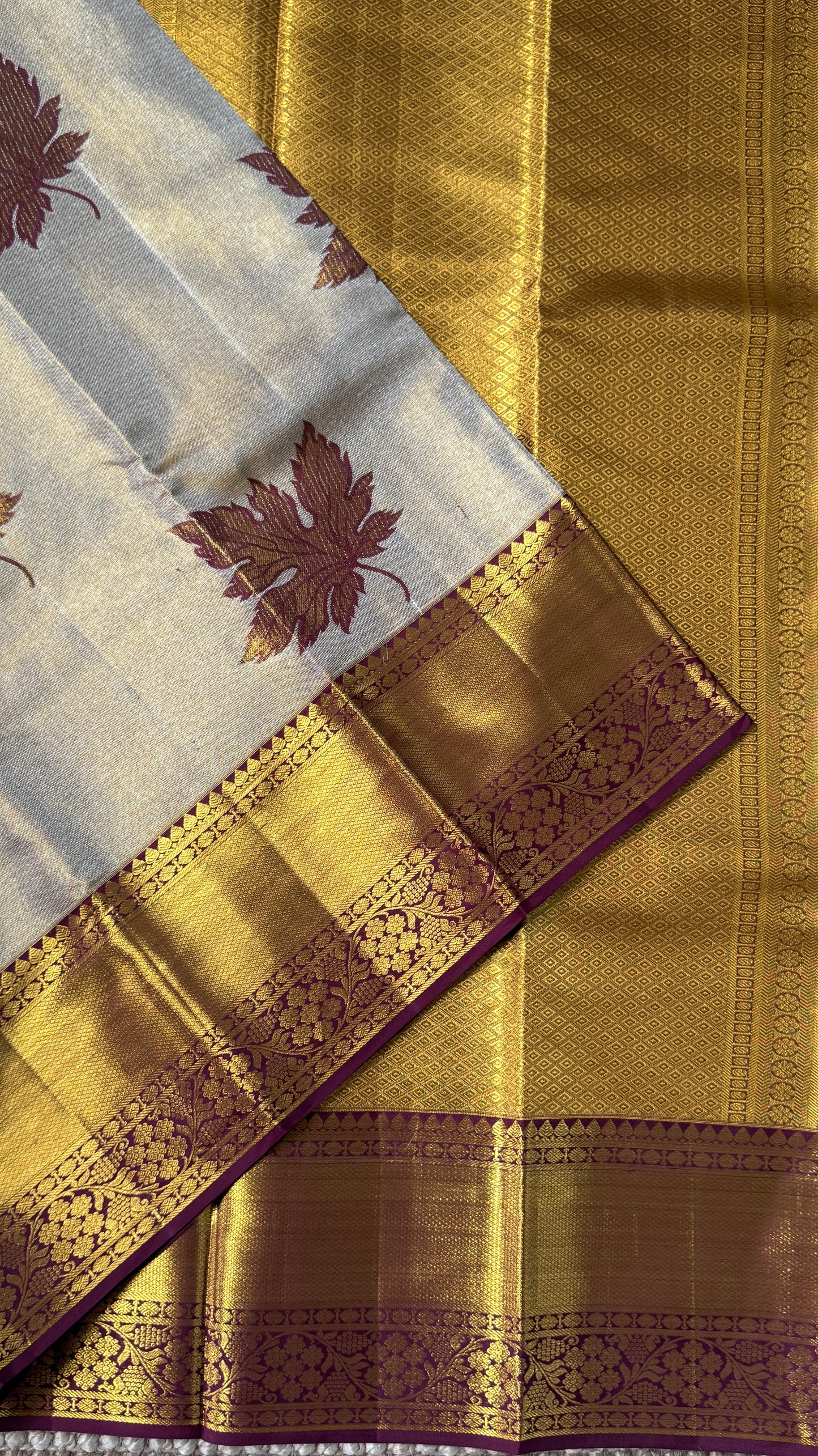 Light Gold Pure Tissue Kanchipuram Silk Saree with Maroon Contrast | Silk Mark Certified