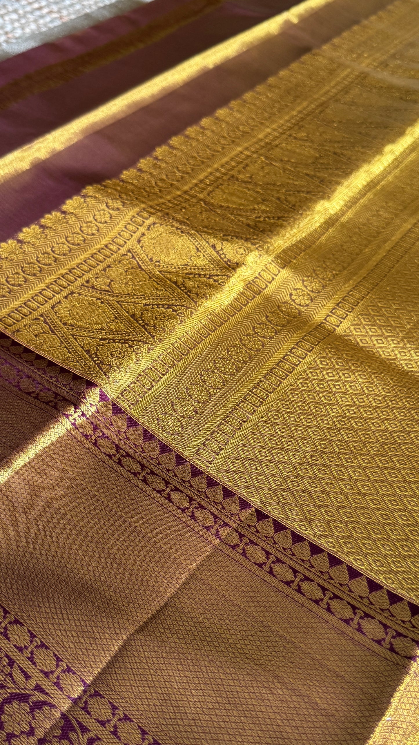 Light Gold Pure Tissue Kanchipuram Silk Saree with Maroon Contrast | Silk Mark Certified