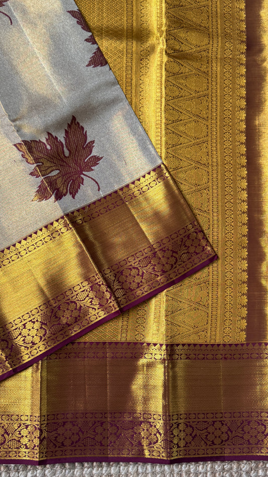 Pure Tissue Kanjivaram Silk Saree – Light Gold with Maroon