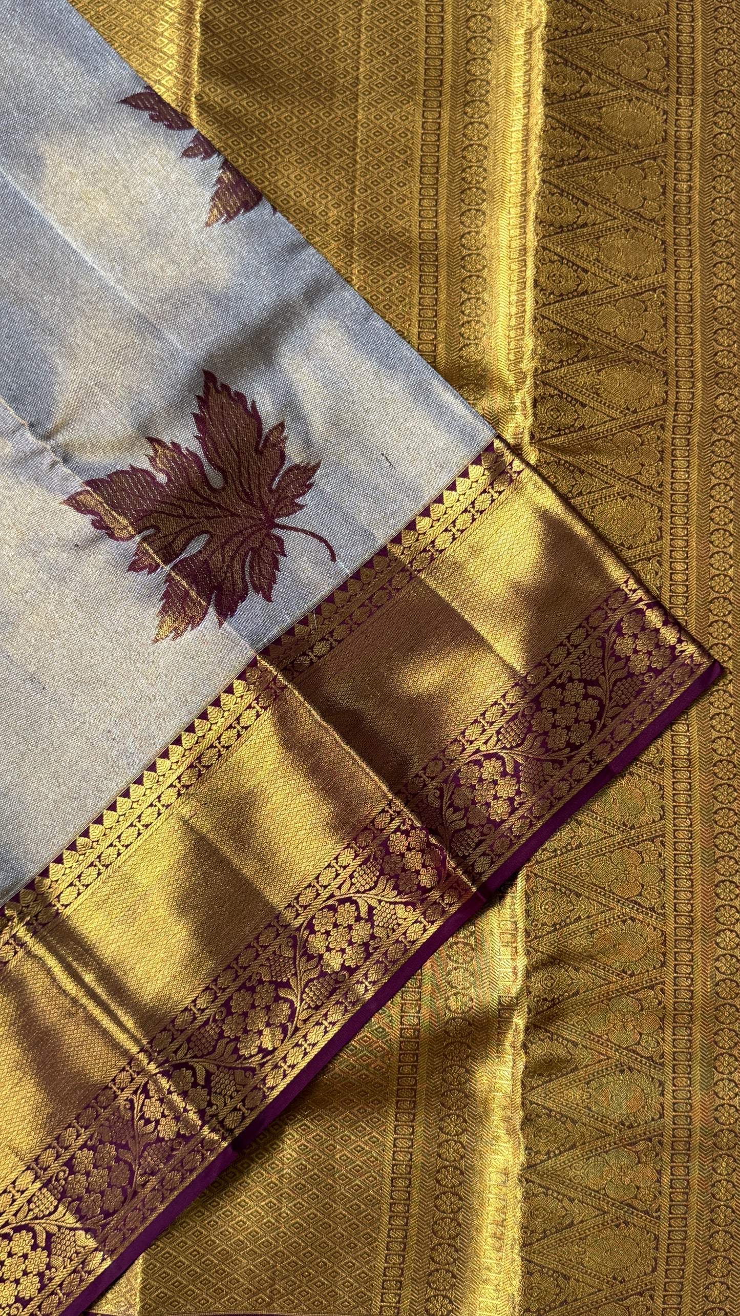Light Gold Pure Tissue Kanchipuram Silk Saree with Maroon Contrast | Silk Mark Certified