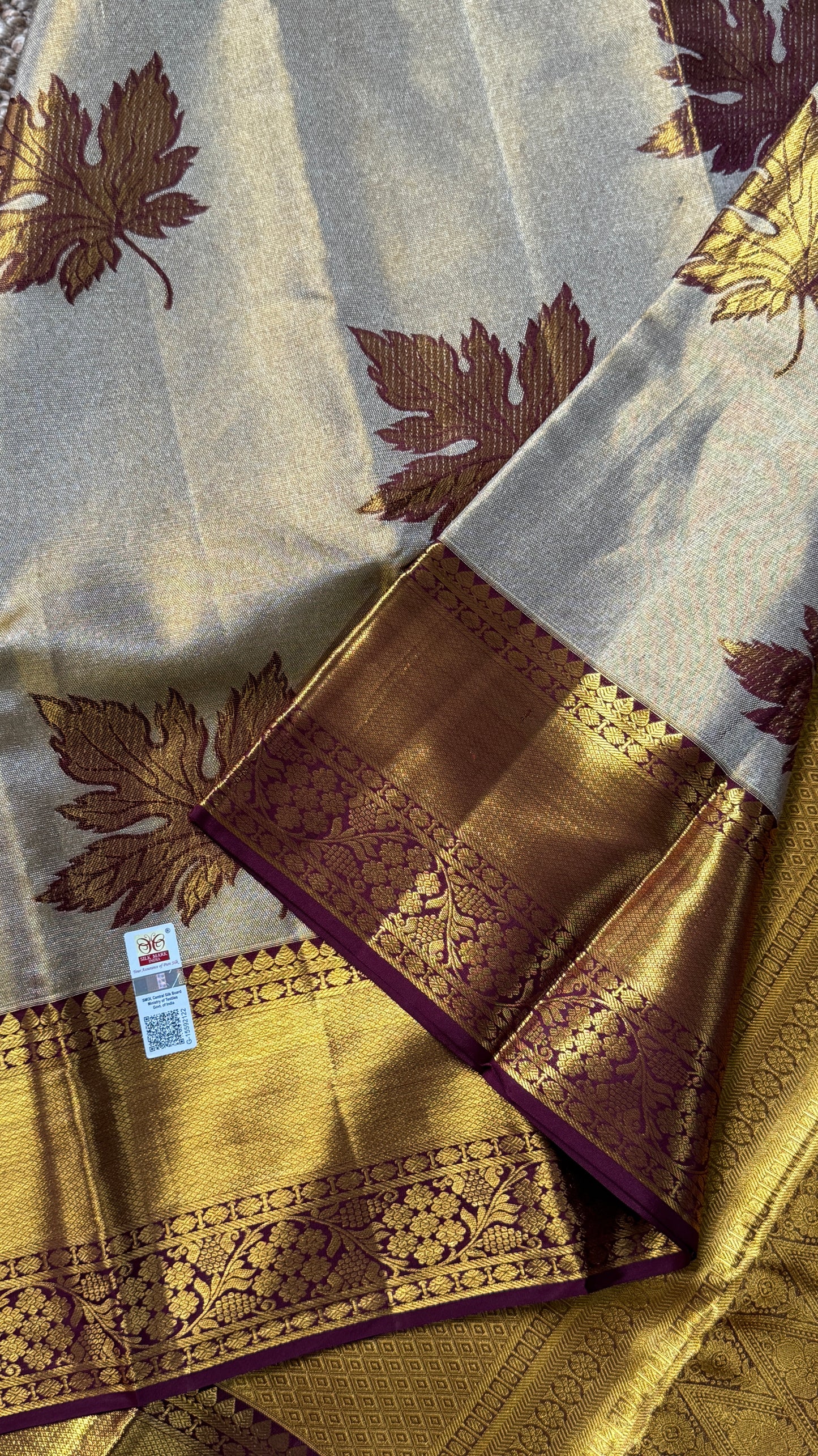 Light Gold Pure Tissue Kanchipuram Silk Saree with Maroon Contrast | Silk Mark Certified