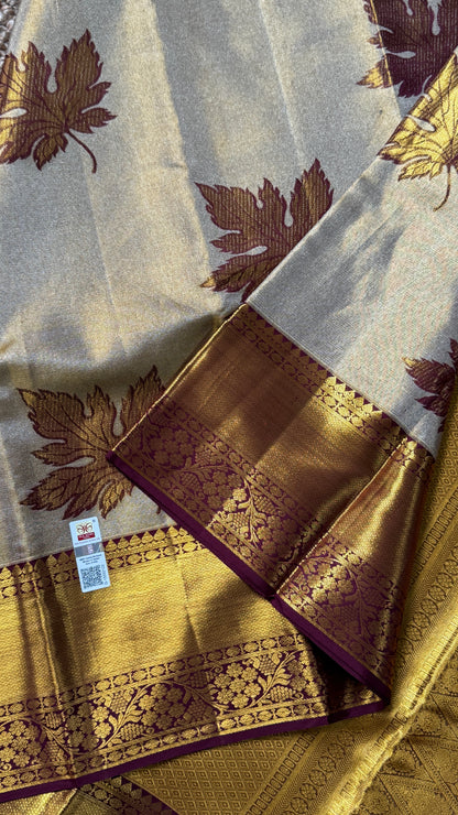 Light Gold Pure Tissue Kanchipuram Silk Saree with Maroon Contrast | Silk Mark Certified