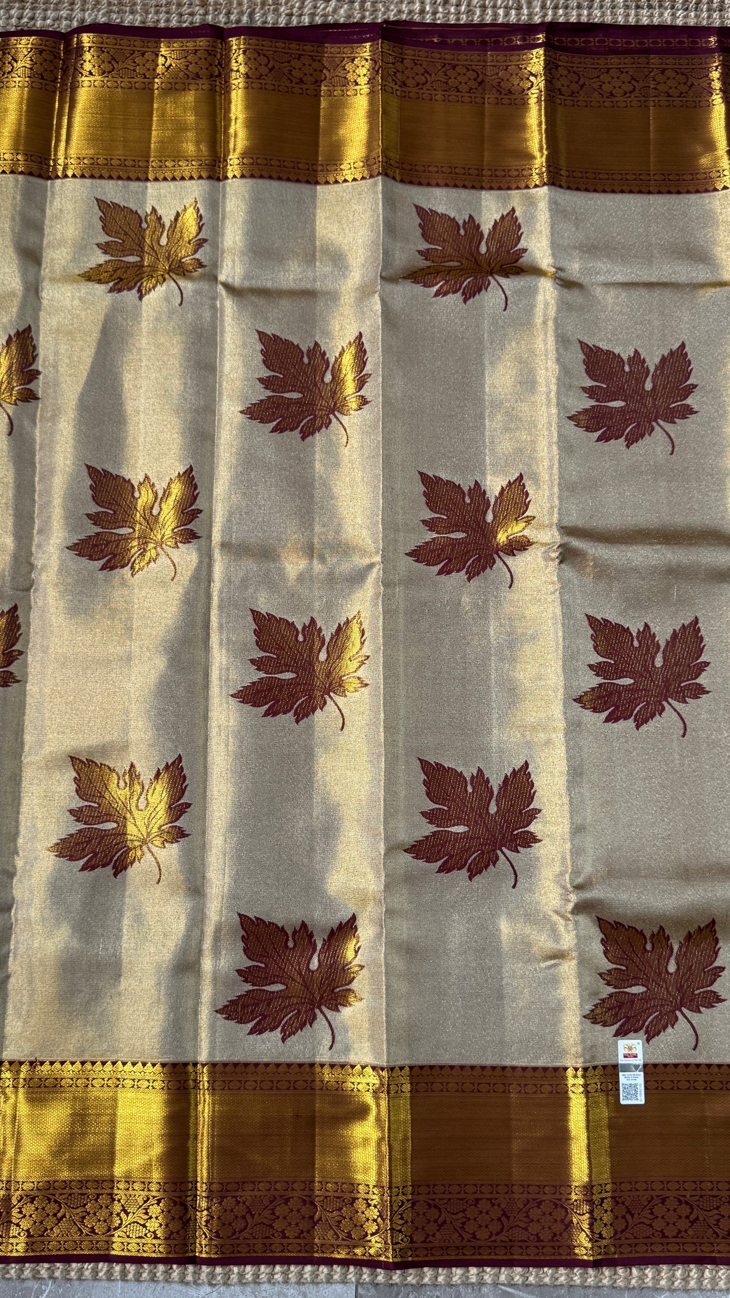 Light Gold Pure Tissue Kanchipuram Silk Saree with Maroon Contrast | Silk Mark Certified