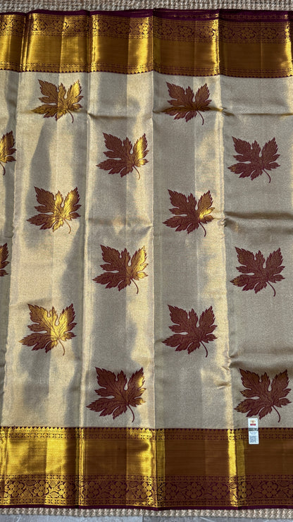 Light Gold Pure Tissue Kanchipuram Silk Saree with Maroon Contrast | Silk Mark Certified