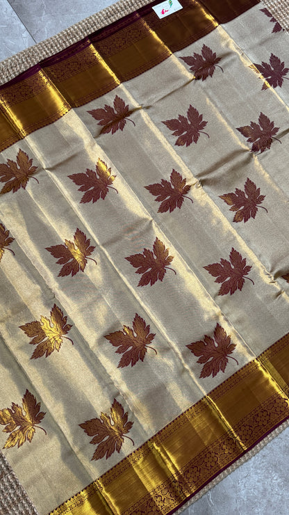Light Gold Pure Tissue Kanchipuram Silk Saree with Maroon Contrast | Silk Mark Certified