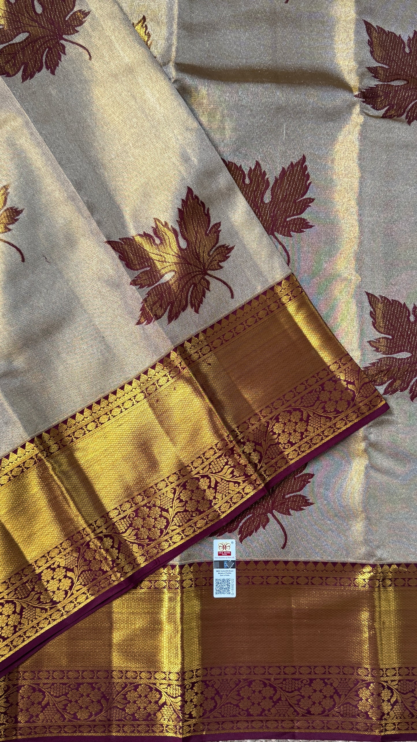 Light Gold Pure Tissue Kanchipuram Silk Saree with Maroon Contrast | Silk Mark Certified
