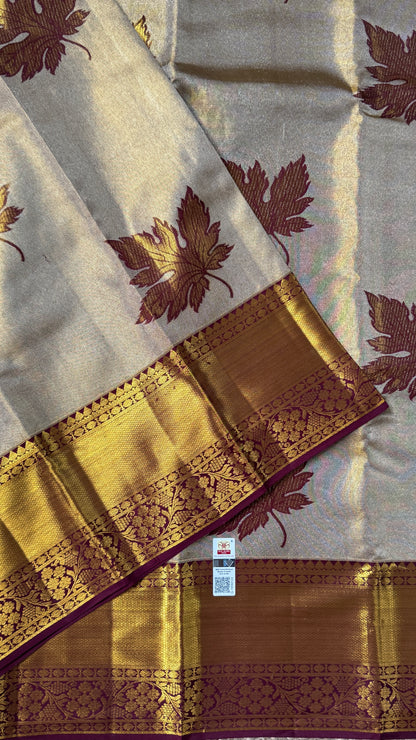 Light Gold Pure Tissue Kanchipuram Silk Saree with Maroon Contrast | Silk Mark Certified