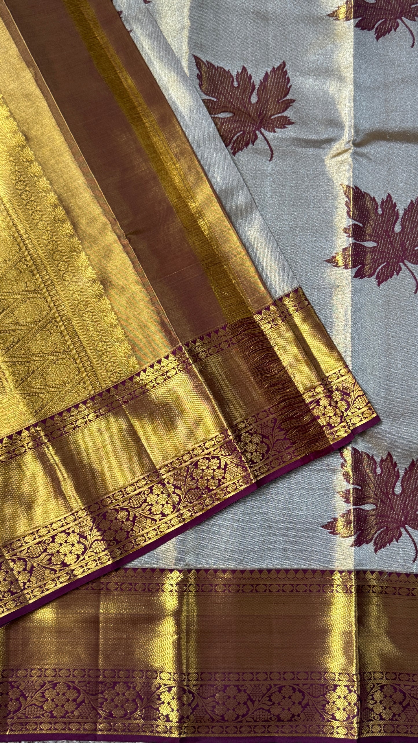 Light Gold Pure Tissue Kanchipuram Silk Saree with Maroon Contrast | Silk Mark Certified