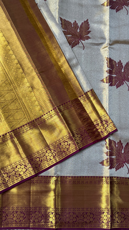 Light Gold Pure Tissue Kanchipuram Silk Saree with Maroon Contrast | Silk Mark Certified