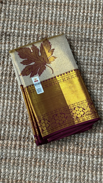 Light Gold Pure Tissue Kanchipuram Silk Saree with Maroon Contrast | Silk Mark Certified