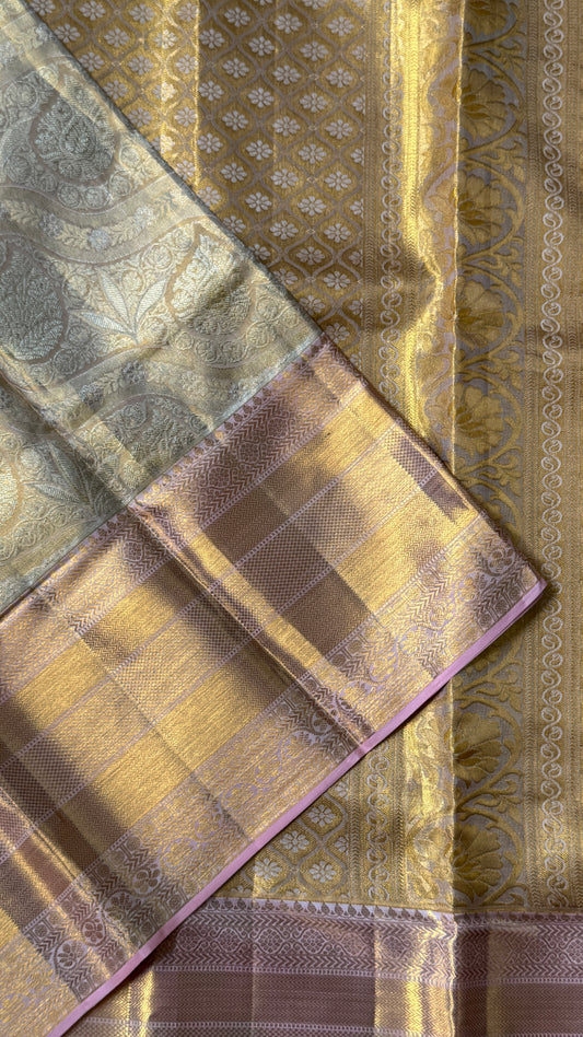 Pure Tissue Kanjivaram Silk Saree – Light Gold with Peach
