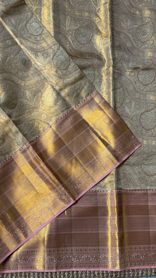 Pure Tissue Kanjivaram Silk Saree – Light Gold with Peach