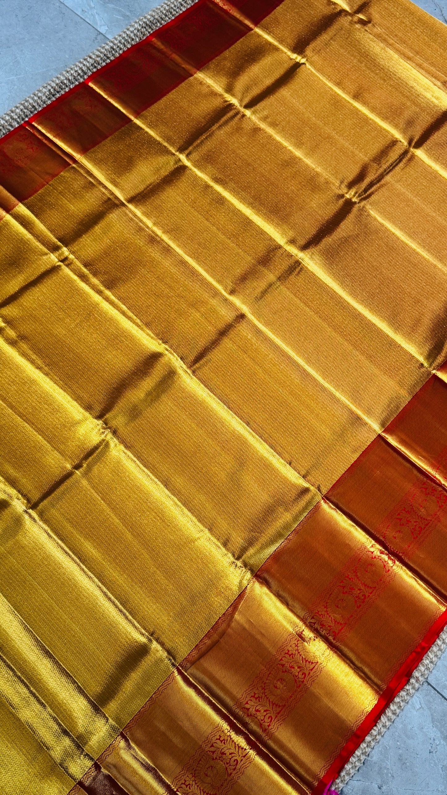 Gold & Red Pure Handloom Tissue Kanchipuram Silk Saree | Silk Mark Certified