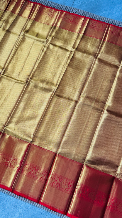 Gold & Red Pure Handloom Tissue Kanchipuram Silk Saree | Silk Mark Certified