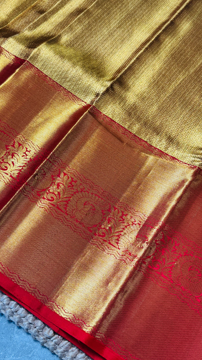 Gold & Red Pure Handloom Tissue Kanchipuram Silk Saree | Silk Mark Certified