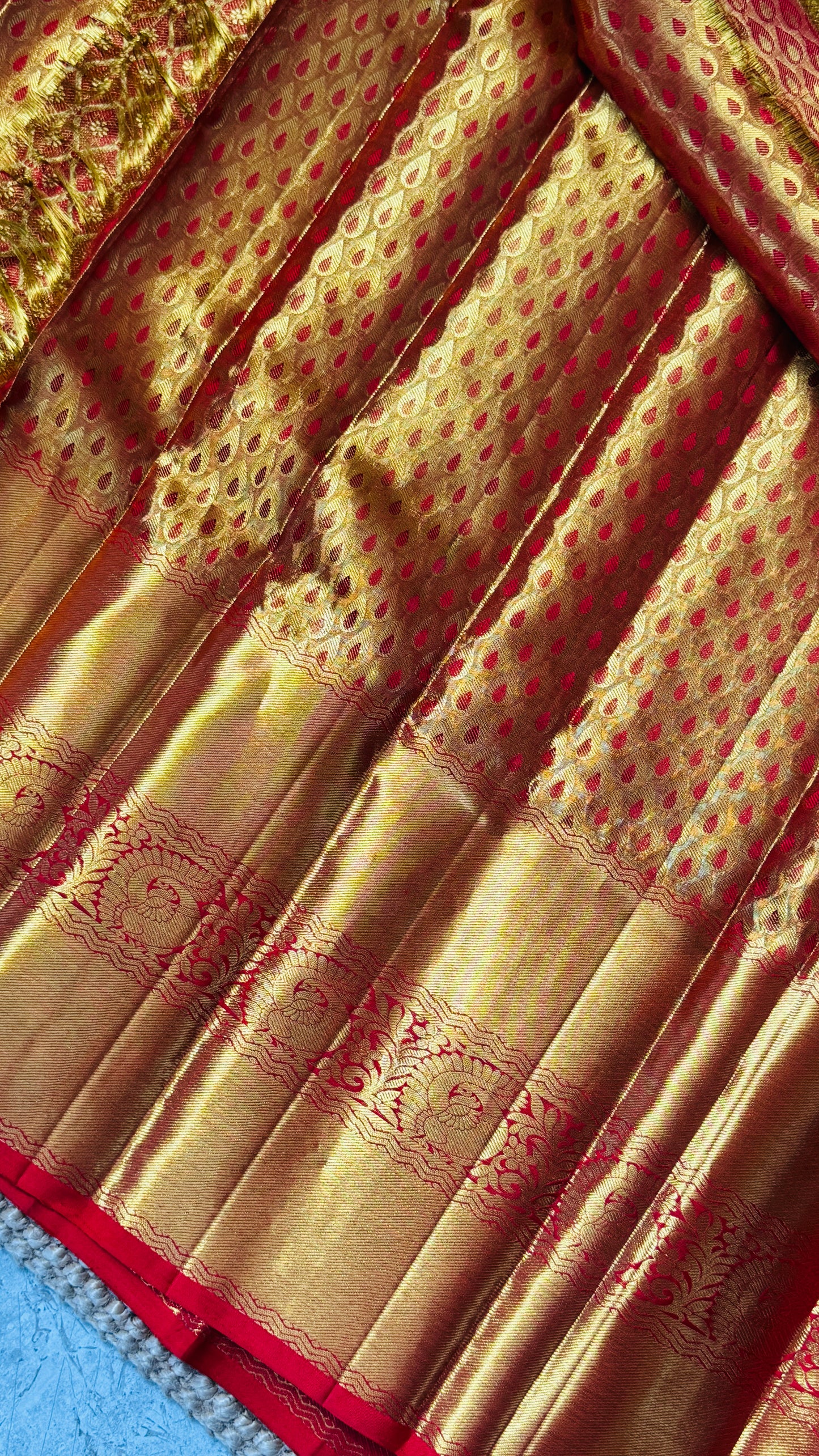 Gold & Red Pure Handloom Tissue Kanchipuram Silk Saree | Silk Mark Certified
