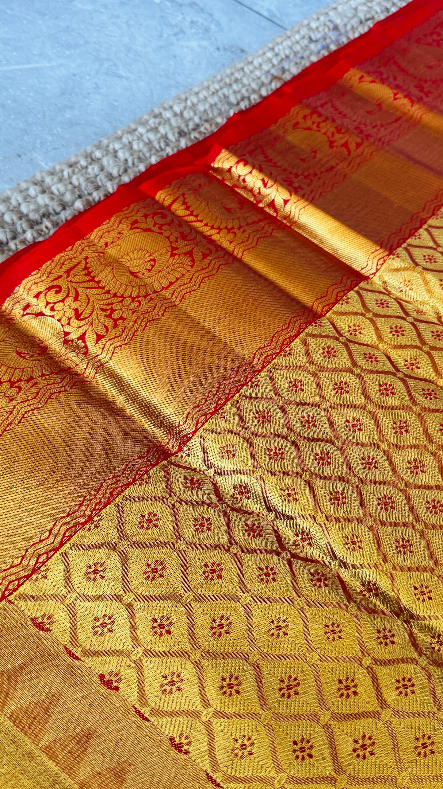 Gold & Red Pure Handloom Tissue Kanchipuram Silk Saree | Silk Mark Certified