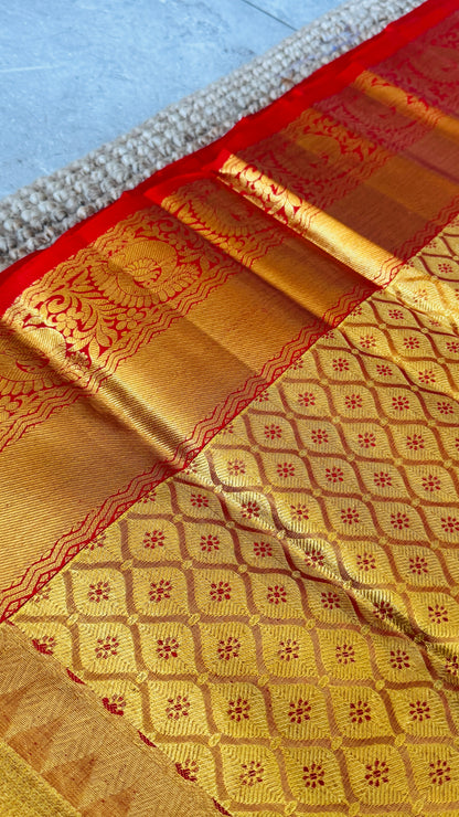 Gold & Red Pure Handloom Tissue Kanchipuram Silk Saree | Silk Mark Certified