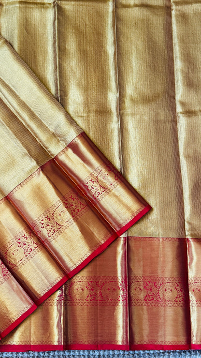 Gold & Red Pure Handloom Tissue Kanchipuram Silk Saree | Silk Mark Certified