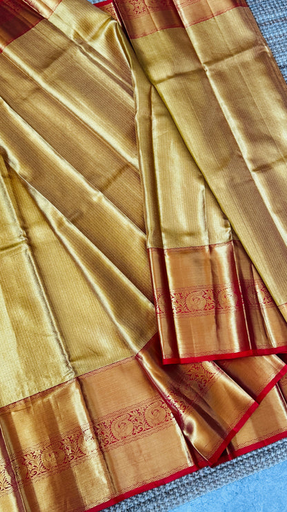 Gold & Red Pure Handloom Tissue Kanchipuram Silk Saree | Silk Mark Certified