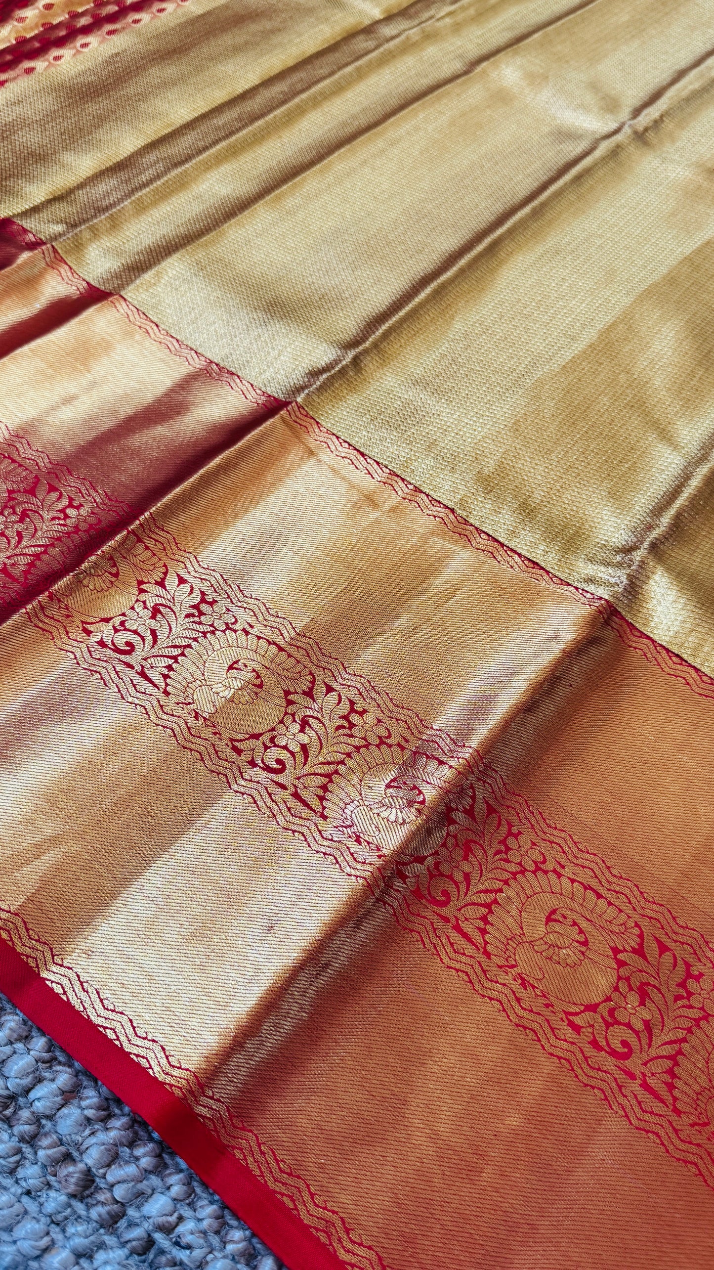 Gold & Red Pure Handloom Tissue Kanchipuram Silk Saree | Silk Mark Certified