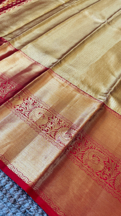 Gold & Red Pure Handloom Tissue Kanchipuram Silk Saree | Silk Mark Certified