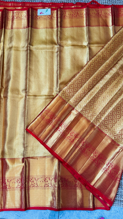 Gold & Red Pure Handloom Tissue Kanchipuram Silk Saree | Silk Mark Certified