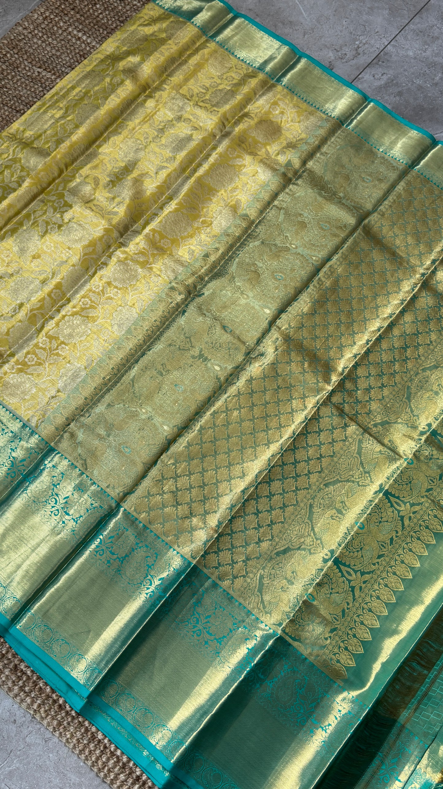 Yellowish Gold Pure Tissue Kanchipuram Silk Saree with Blue Contrast | Silk Mark Certified
