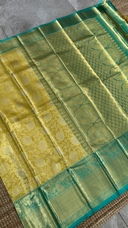 Yellowish Gold Pure Tissue Kanchipuram Silk Saree with Blue Contrast | Silk Mark Certified