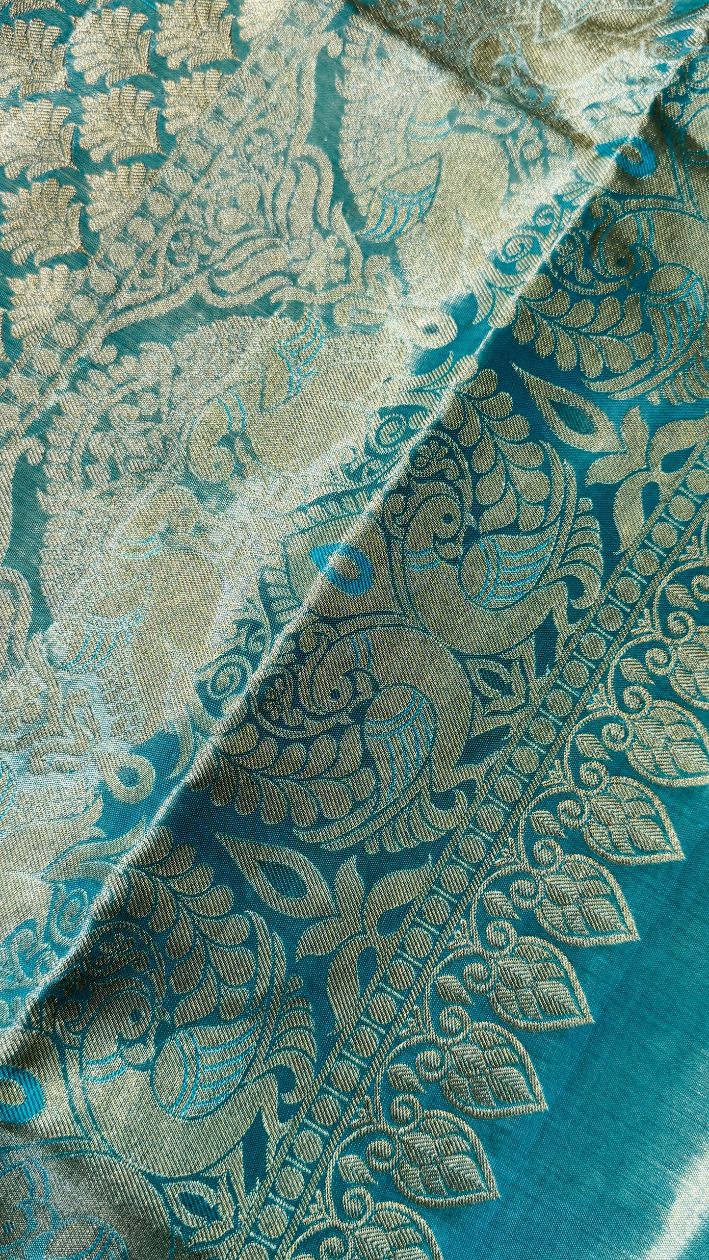 Yellowish Gold Pure Tissue Kanchipuram Silk Saree with Blue Contrast | Silk Mark Certified