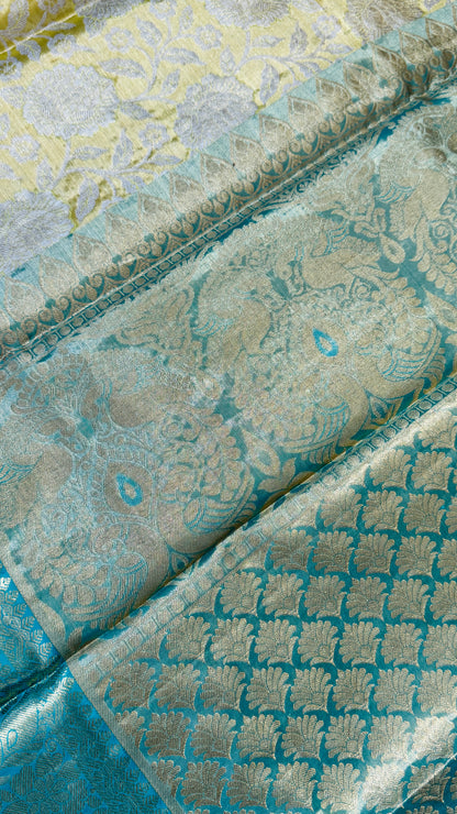 Yellowish Gold Pure Tissue Kanchipuram Silk Saree with Blue Contrast | Silk Mark Certified