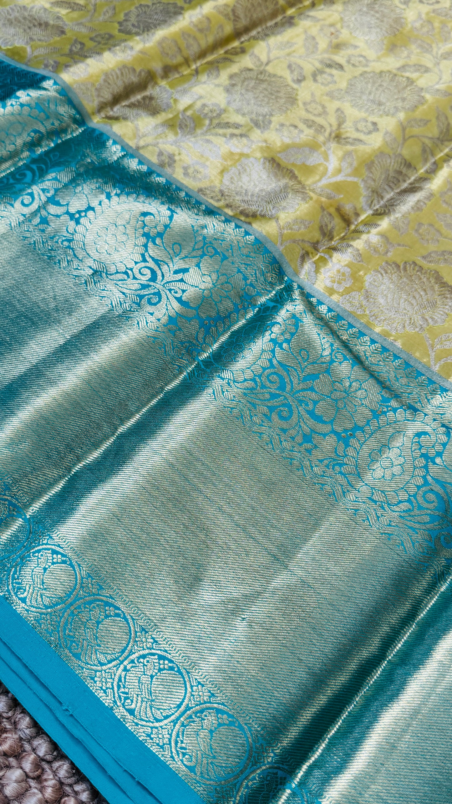 Yellowish Gold Pure Tissue Kanchipuram Silk Saree with Blue Contrast | Silk Mark Certified