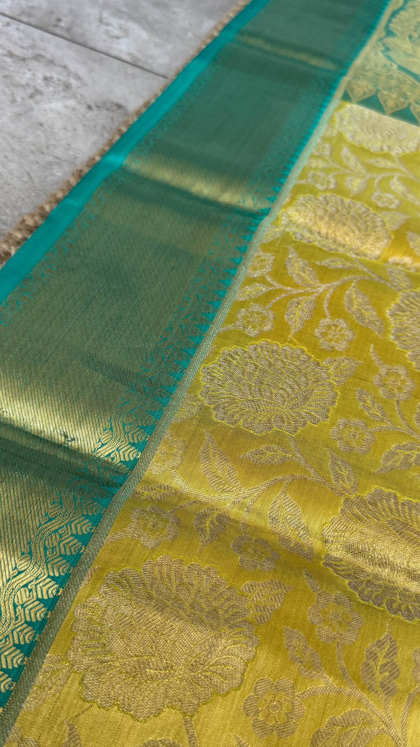 Yellowish Gold Pure Tissue Kanchipuram Silk Saree with Blue Contrast | Silk Mark Certified