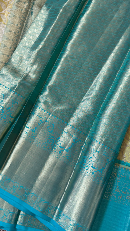 Yellowish Gold Pure Tissue Kanchipuram Silk Saree with Blue Contrast | Silk Mark Certified