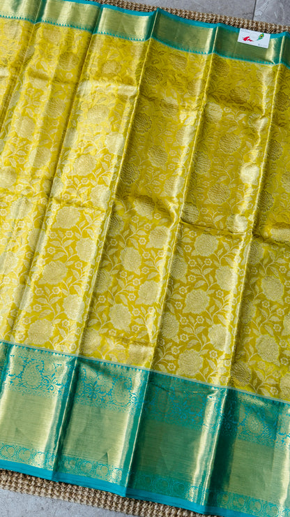 Yellowish Gold Pure Tissue Kanchipuram Silk Saree with Blue Contrast | Silk Mark Certified