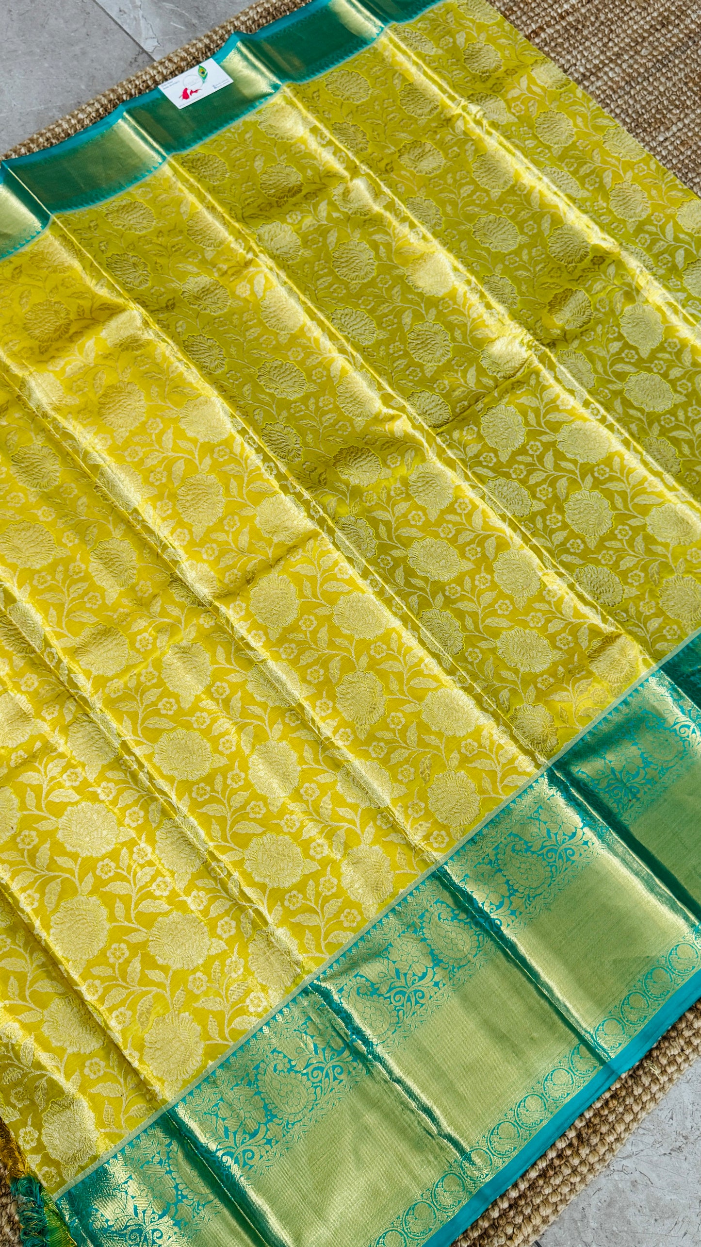 Yellowish Gold Pure Tissue Kanchipuram Silk Saree with Blue Contrast | Silk Mark Certified